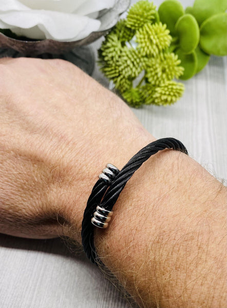 Men's Cremation Bracelet For Ashes, Twist Metal Stainless Steel, Unisex Black Urn Bracelet, Silver Cremains Jewelry