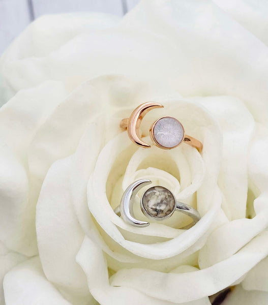 Moon Cremation Ring, Crescent Moon Wrap Ring For Ashes, Human Ashes Jewelry, Pet Cremains, Silver, Rose Gold, Pet Loss, Adjustable Ring