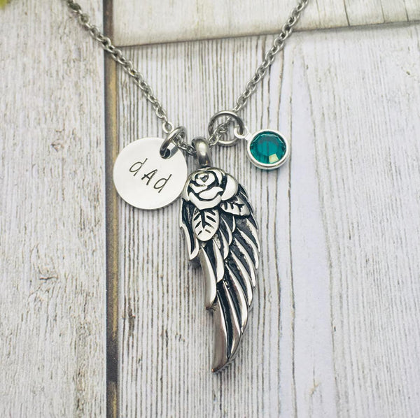 Stainless Steel Angel Wing Cremation Urn Pendant, Cremation Ashes Necklace, Personalized Cremation Necklace With Birthstone, Fill At Home Urn