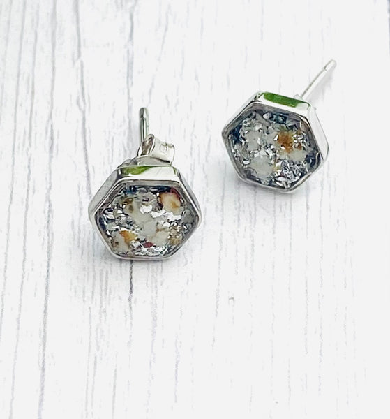 Silver Hexagon Earrings For Ashes, Cremation Earrings, Human Ashes, Pet Ashes